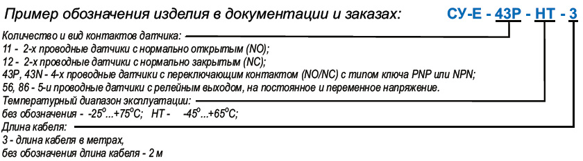 Сигнализаторы уровня серии СУ-Е-... изготавливаются в нескольких модификациях, отличающихся друг от друга схемой подключения, напряжением питания, диапазоном рабочих температур и длиной кабеля.