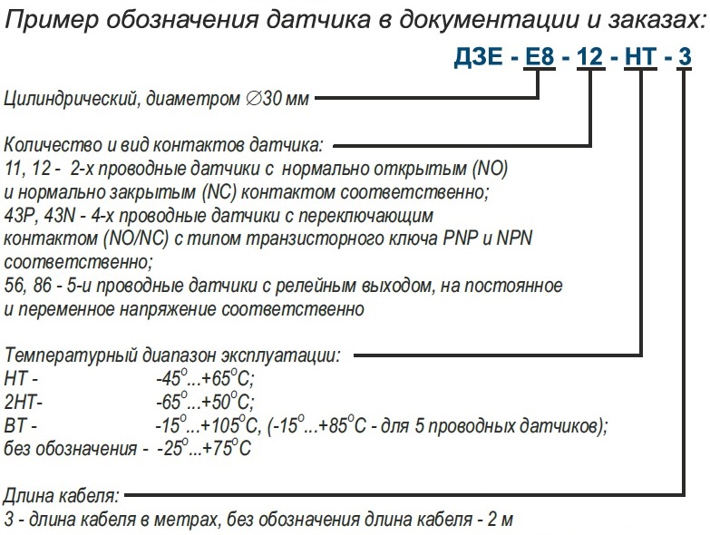 Пример обозначения датчиков ДЗЕ-Е8 в документации и заказах
