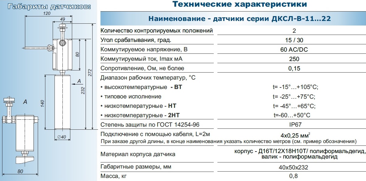 Технические характеристики и габариты датчиков ДСКЛ-В-11-22