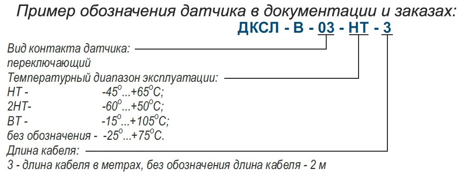 Пример обозначения датчика ДСКЛ-В-03 в документации и заказах