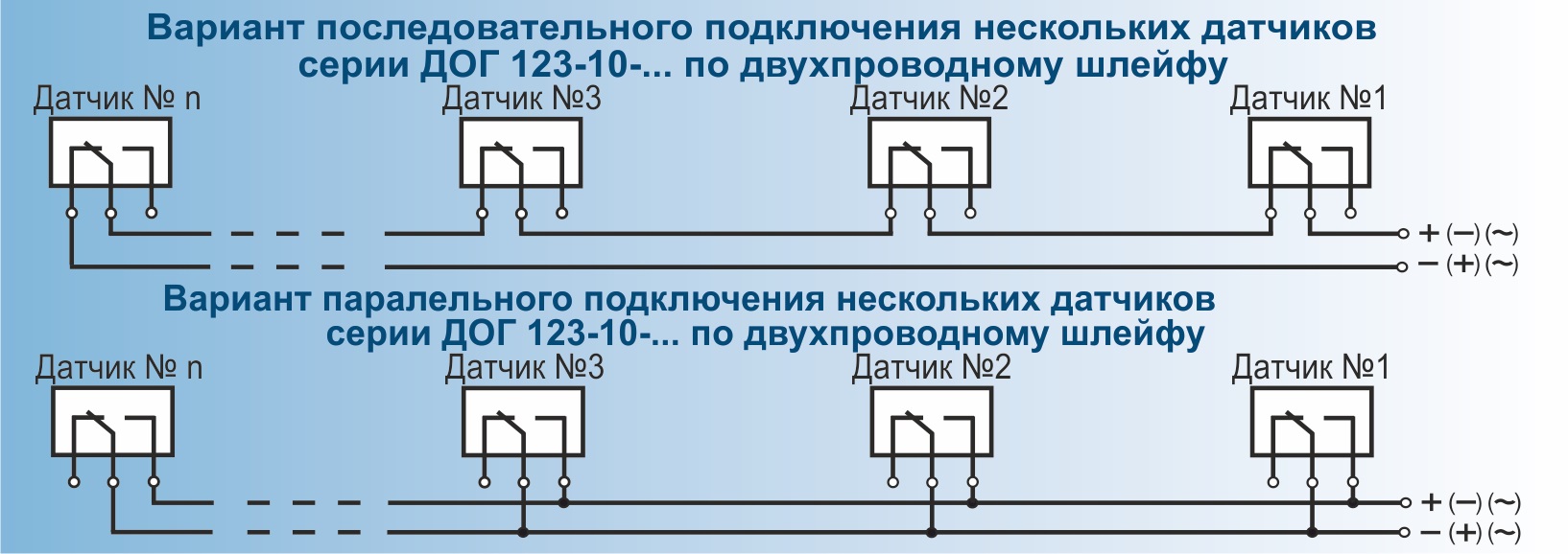 Вариант подключения нескольких датчиков ДОГ-123-10 по двухпроводному шлейфу